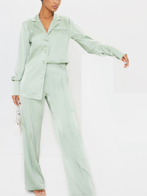 Sage Green Satin Pocket Detail Seam Front Wide...