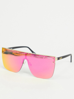 Quay Australia Blocked Flatbrow Sunglasses In Gold With Pink Lens