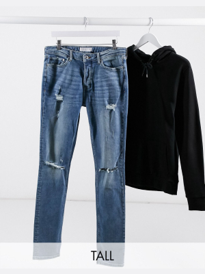 Topman Big & Tall Skinny Jeans With Rips In Mid Wash Blue