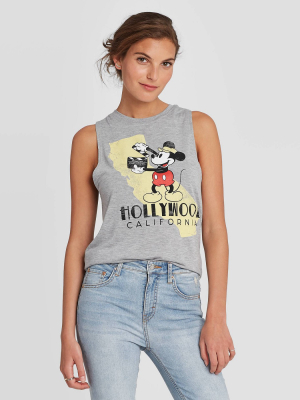 Women's Disney Round Neck Mickey Hollywood Muscle Graphic Tank Top - Gray