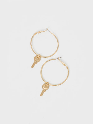 Gold Hoop With Key Statement Earrings