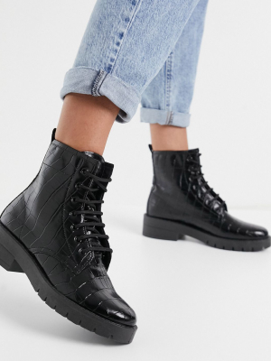 Topshop Lace Up Boots In Black Croc