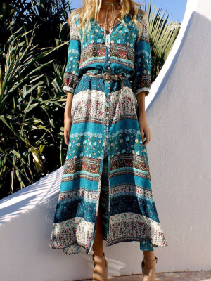 Green Boho Style Printed Maxi Dress