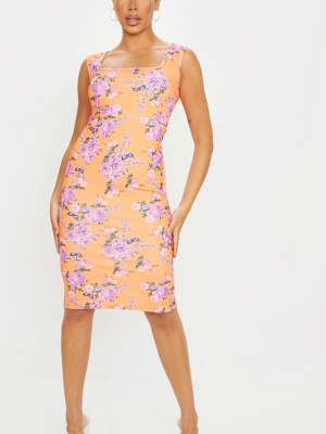 Coral Floral Square Neck Midi Dress