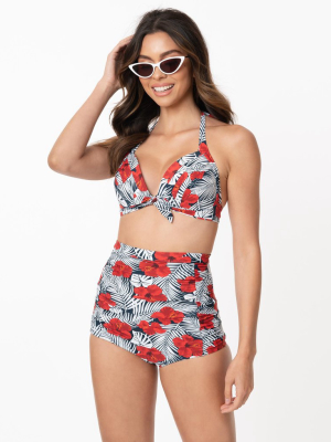 Unique Vintage Tropical Print & Red Hibiscus Monroe Halter Swim Top