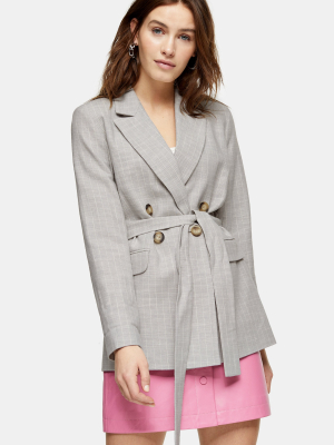 Gray Belted Double Breasted Suit Blazer