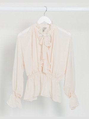 Asos Design Long Sleeve Blouse With Pussybow And Shirred Waist In Cream