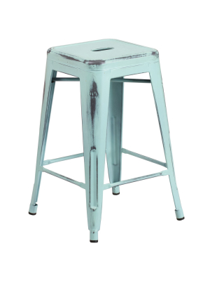 Flash Furniture Commercial Grade 24" High Backless Distressed Metal Indoor-outdoor Counter Height Stool