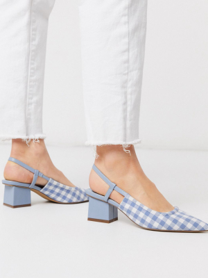 Asos Design Steele Slingback Block Heels In Blue Gingham