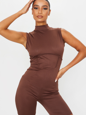 Chocolate High Neck Binding Bust Detail Unitard