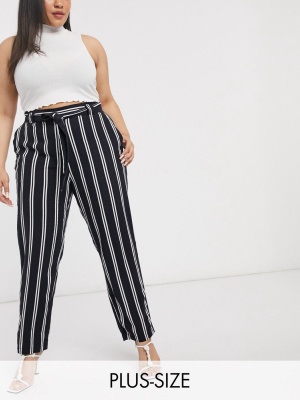 Simply Be Tapered Leg Paperbag Pants In Navy Stripe