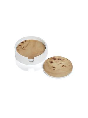 Round Burl Wood Coaster Set In White Tray