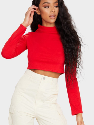 Red High Neck Long Sleeve Crop Top