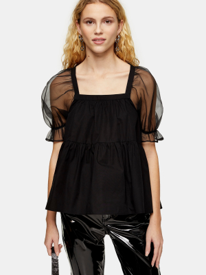 Black Organza Smock Peplum Tiered Blouse