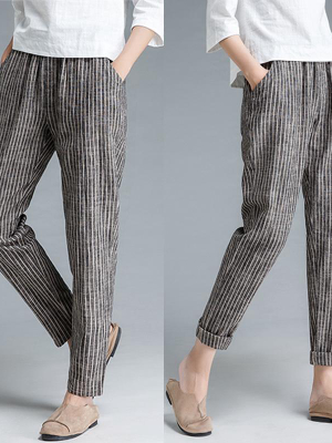 Plus Size Buykud Stripe Cotton Linen Women Pants