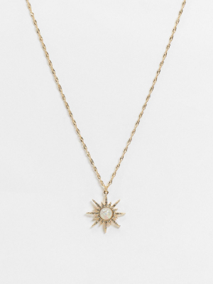 Asos Design Necklace With Opal Starburst Pendant In Gold Tone