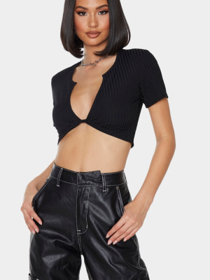 Black Rib Knot Twist V Neck Crop Top