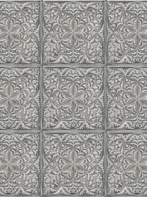 Faux Embossed Tile Peel-and-stick Wallpaper In Silver And Charcoal By Nextwall