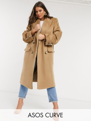 Asos Design Curve Brushed Luxe Maxi Coat In Camel