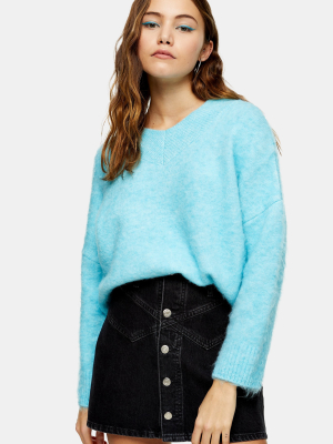 Blue Brushed Longline Knitted Sweater