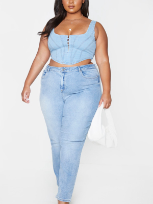 Plus Light Blue Wash Denim Hook And Eye Corset...