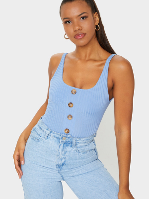 Blue Rib Button Front Thong Bodysuit