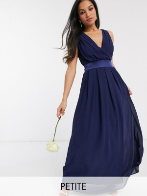 Tfnc Petite Bridesmaid Wrap Front Bow Back Maxi Dress In Navy