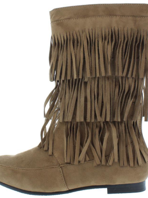 Starcy88a Taupe 3 Tier Fringe Mid Calf Boot