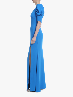 Caribbean Blue Ruched-sleeve Gown