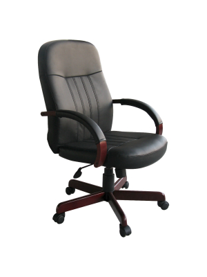 Leatherplus Exec. Chair With Mahogany Finish Black - Boss Office Products