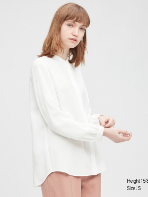 Women Rayon Band Collar Long-sleeve Blouse