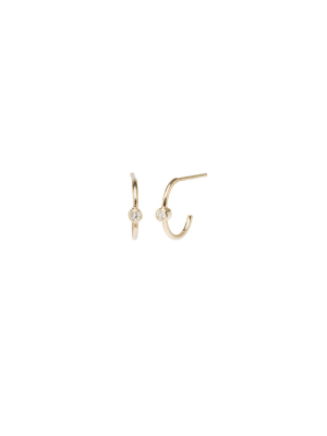 14k Bezel Set Diamond Thin Huggie Hoops