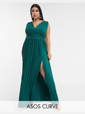 Asos Design Curve Premium Lace Insert Pleated Maxi Dress In Forest Green