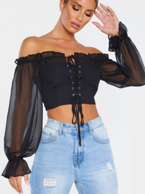 Black Cropped Lace Front Long Sleeve Blouse