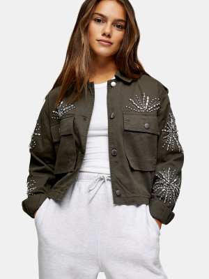 Petite Khaki Rhinestone Embellished Shacket