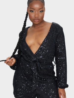 Petite Black Balloon Sleeve Sequin Romper