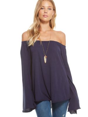 Gauzy Cotton Jersey Smocked Off Shoulder Bell Sleeve Top