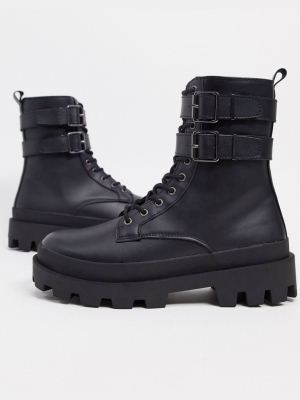 Asos Design Lace-up Boots In Black Faux Leather With Double Strap Detail