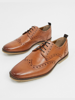 Asos Design Brogue Shoes In Tan Leather With Faux Crepe Sole