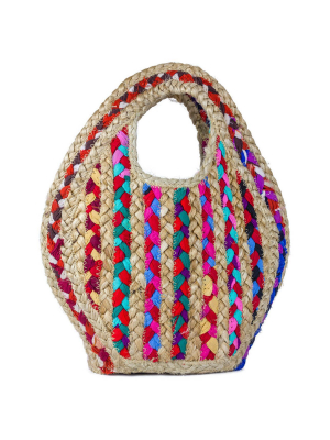 Small Woven Straw Jute Stripe Tote