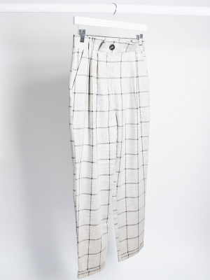 Asos Design Grid Check Tapered Pants With Paperbag Waist