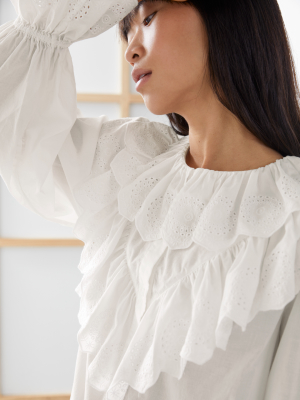 Relaxed Embroidered Ruffle Button Up Blouse