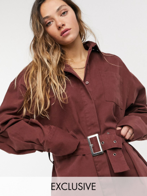 Collusion Belted Mini Shirt Dress In Chocolate Brown