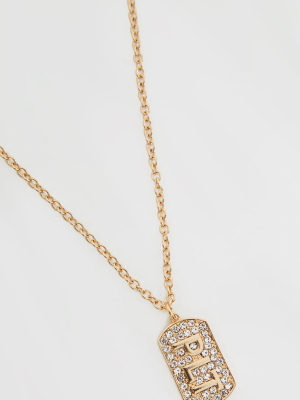 Prettylittlething Gold Diamante Dog Tag Necklace