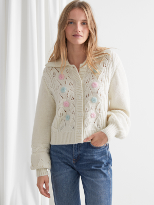 Floral Embroidery Cable Knit Alpaca Cardigan