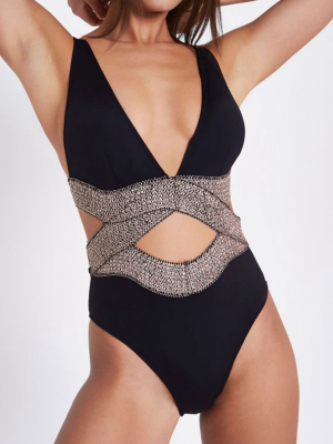 Metallic Cutout Deep V One Piece Swimsuit