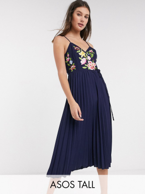 Asos Design Tall Embroidered Pleated Cami Wrap Midi Dress In Navy