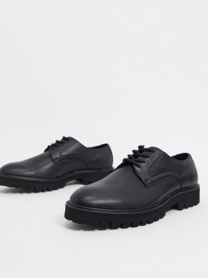 Asos Design Derby Lace Up Shoes In Black Faux Leather With Black Sole