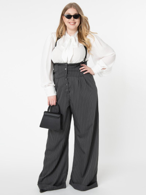 Unique Vintage Plus Size Charcoal Grey Pinstripe Thelma Suspender Pants