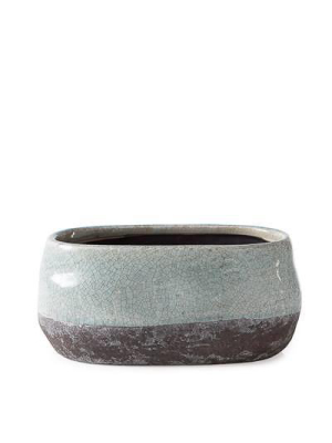 Corsica Ceramic Crackle 2 Tone Oval Pot Short In Celadon Blue